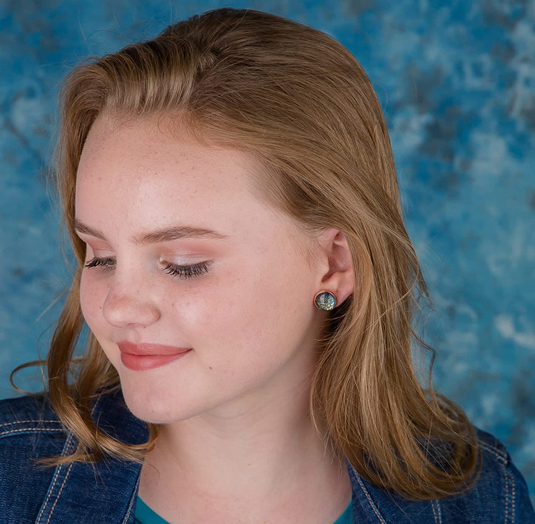 Rose Gold-tone Black Iridescent Glitter Glass Galaxy Stud Earrings Hand-painted 12mm