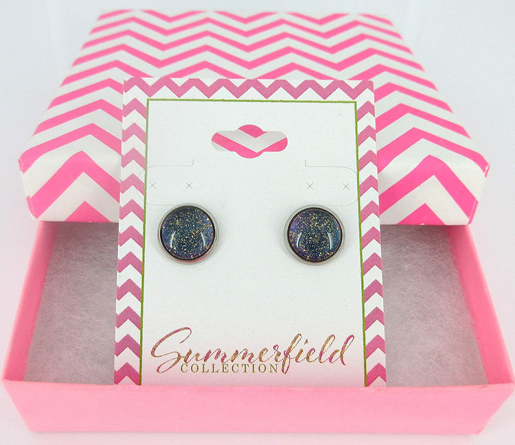 Stainless Steel Blue Purple Gray Glitter Glass Stud Earrings Hand-painted 10mm