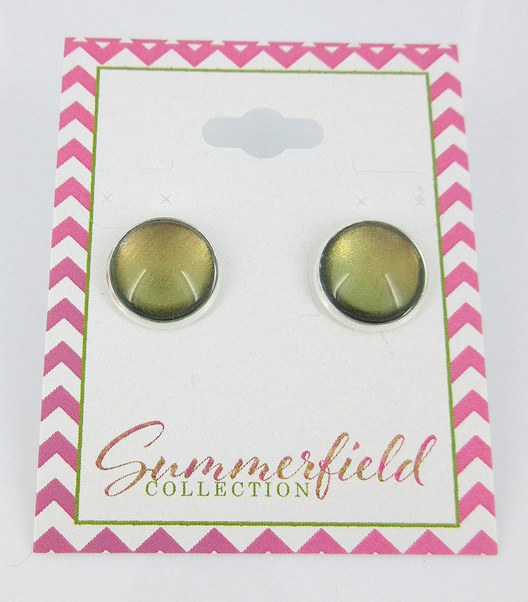 Silver-tone Metallic Green and Gold Color Shifting Glass Stud Earrings Hand-painted 12mm