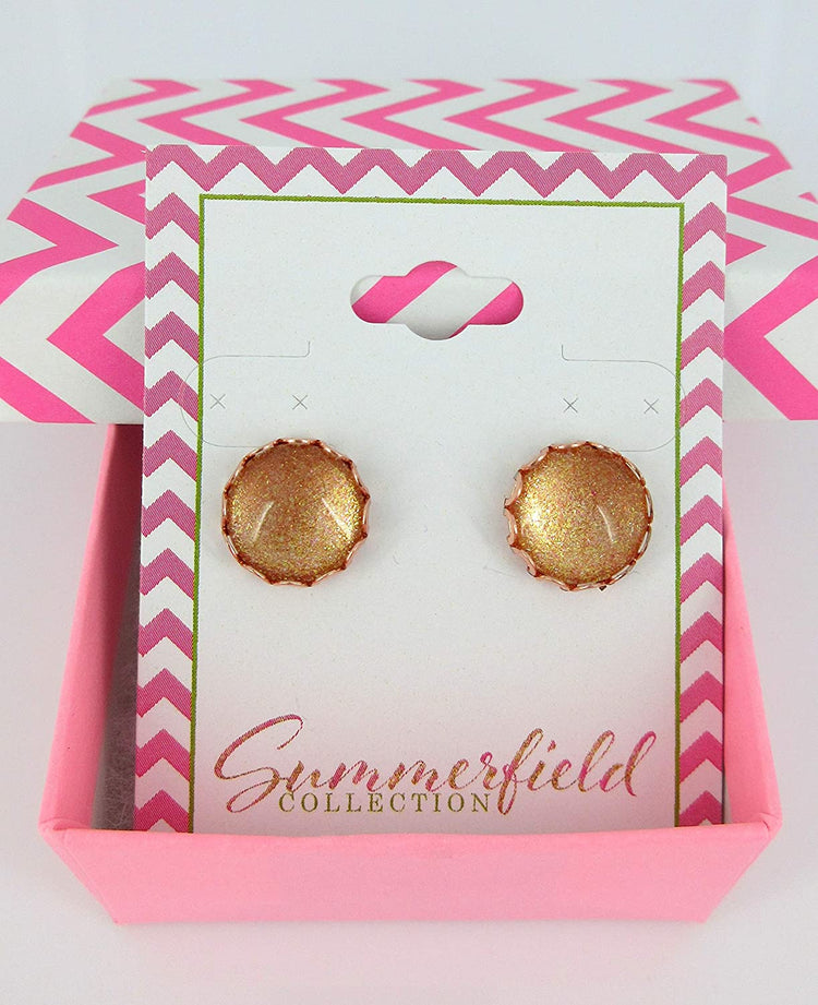 Rose Gold-tone Copper Shimmer Glitter Glass Stud Earrings 12mm Hand-painted
