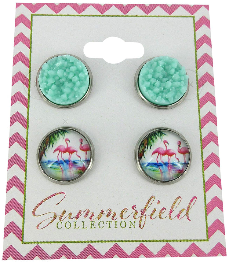 Duo Stud Earrings Stainless Steel Sweet Mint Green Faux Druzy Stone and Flamingo Print Glass 12mm Set