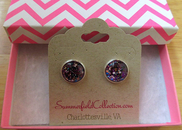 Silver-tone Purple and Multi Color Glitter Glass Stud Earrings Hand-painted 12mm