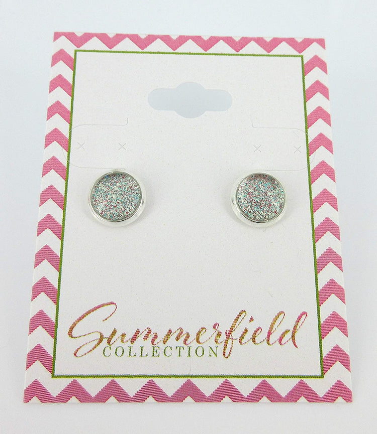 Silver-tone Aqua Blue and Red and Holographic Glitter Glass Stud Earrings Hand-painted 8mm