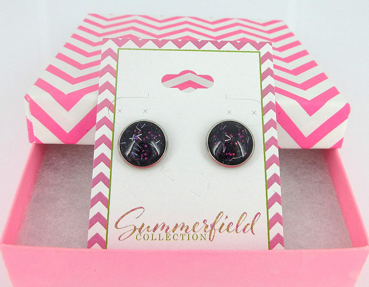 Stainless Steel Navy Blue and Pink Glitter Glass Stud Earrings Hand-painted 12mm
