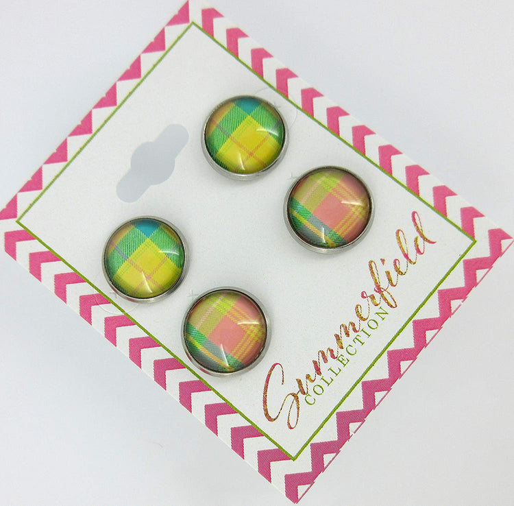 Stainless Steel Duo Stud Earrings Plaid Print Glass 12mm Set