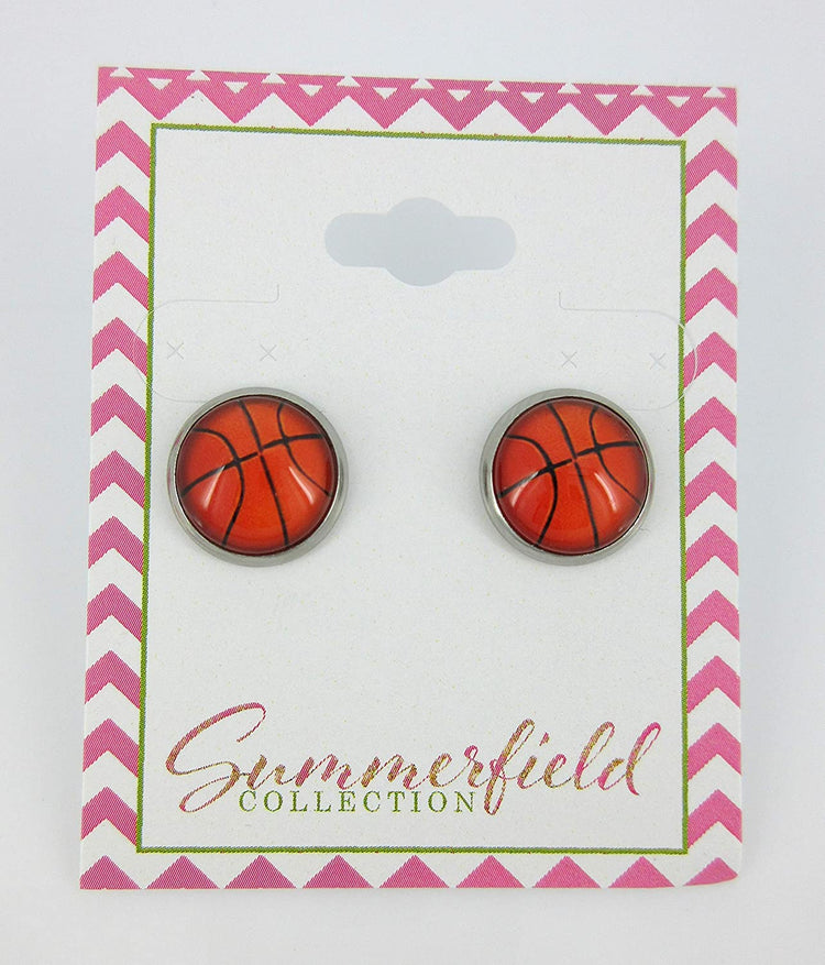 Stainless Steel Basketball Print Glass Stud Earrings 12mm
