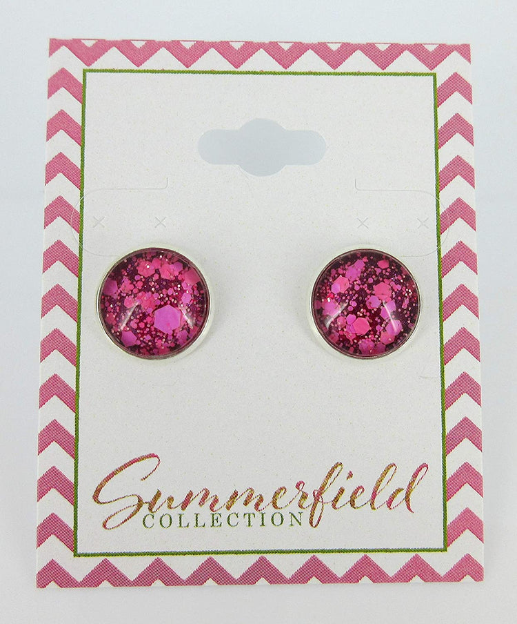 Silver-tone Raspberry and Hot Pink Glitter Glass Stud Earrings Hand-painted 12mm