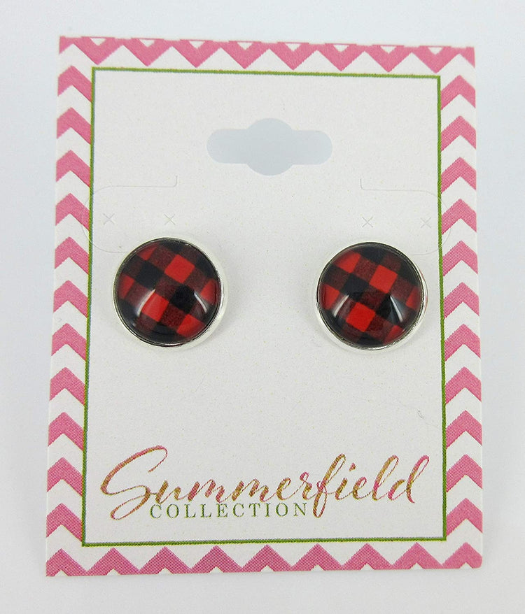 Silver-tone Black and Red Buffalo Plaid Print Glass Stud Earrings 12mm