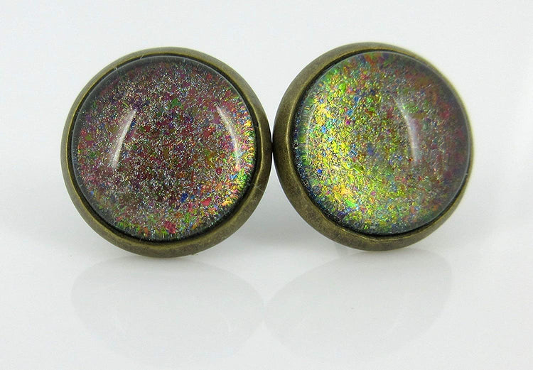 Antiqued Gold-tone Rainbow Color-shifting Glitter Flake Glass Stud Earrings