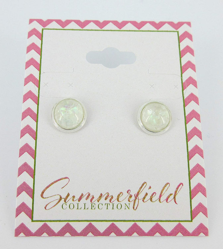 Shiny Silver-tone White and Opalescent Leaf Resin Stud Earrings 8mm