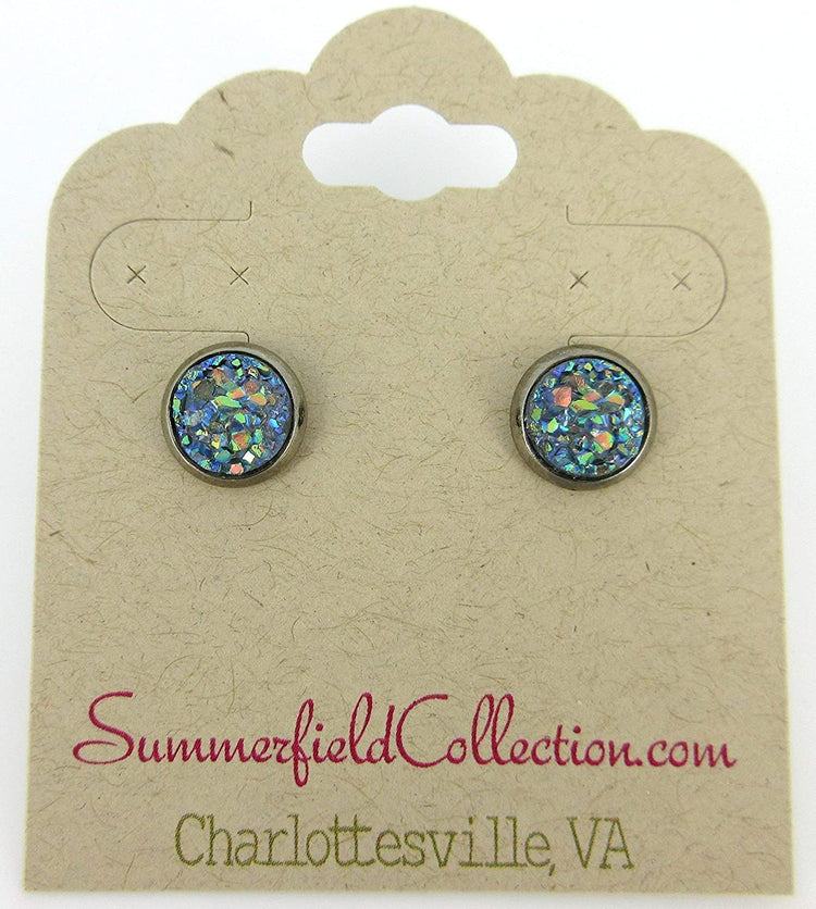 Hematite-tone Faux Druzy Stone Stud Earrings 8mm