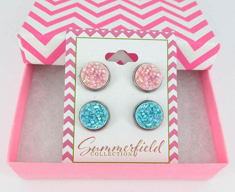 Duo Stud Earrings Stainless Steel Pink and Blue AB Faux Druzy Stone 12mm Set