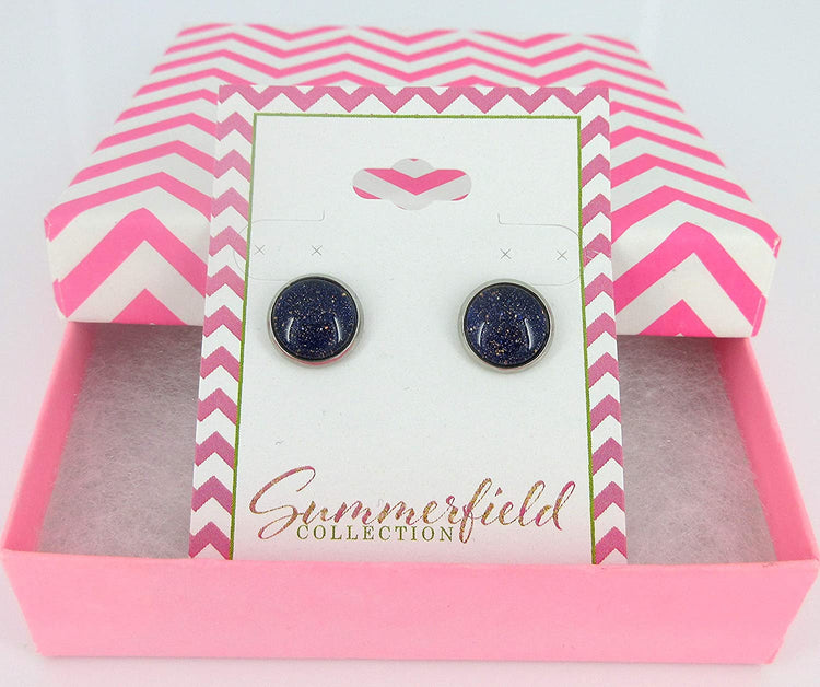 Stainless Steel Dark Purple and Gold Glitter Glass Stud Earrings Hand-painted 10mm