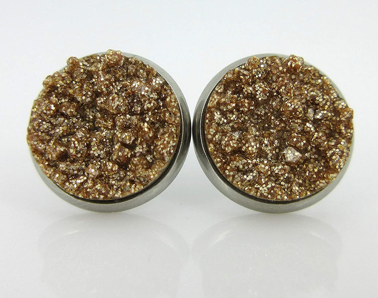 Stainless Steel Ocean Gold Teal Blue Glitter Faux Druzy Stone Stud Trio Earrings Set