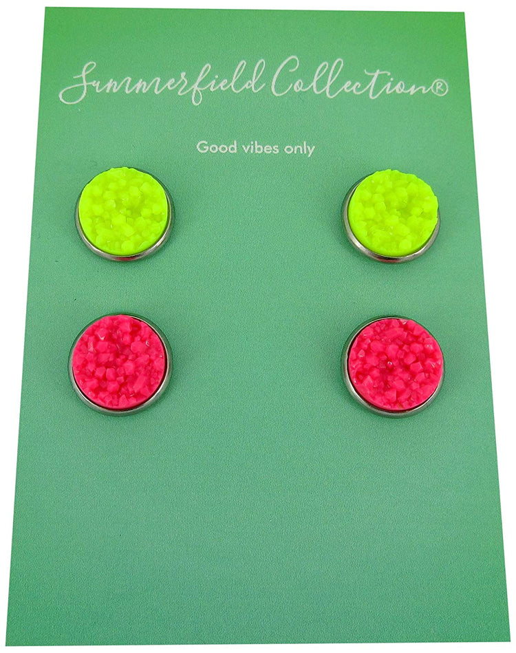 Duo Endless Summer Stainless Steel Neon Pink and Yellow Faux Druzy Stone 12mm Stud Earrings Set