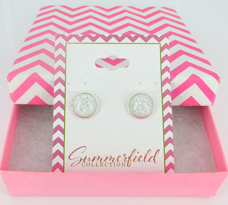 Shiny Silver-tone White Iridescent Glitter Resin Stud Earrings 10mm