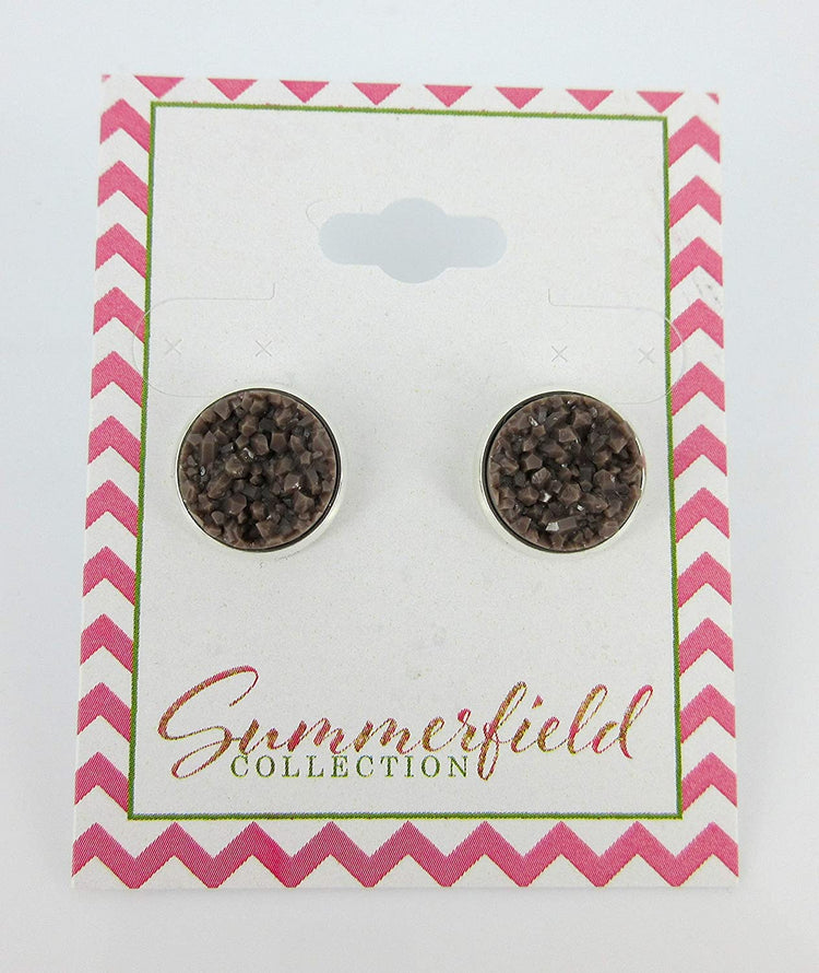 Silver-tone Brown Faux Druzy Stone Stud Earrings 12mm
