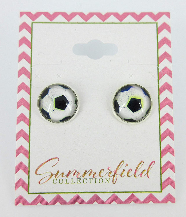 Silver-tone Soccer Ball Print Glass Stud Earrings 12mm