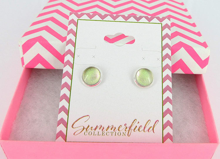 Silver-tone Nude Pink Color Shift Glitter Glass Stud Earrings Hand-painted 8mm
