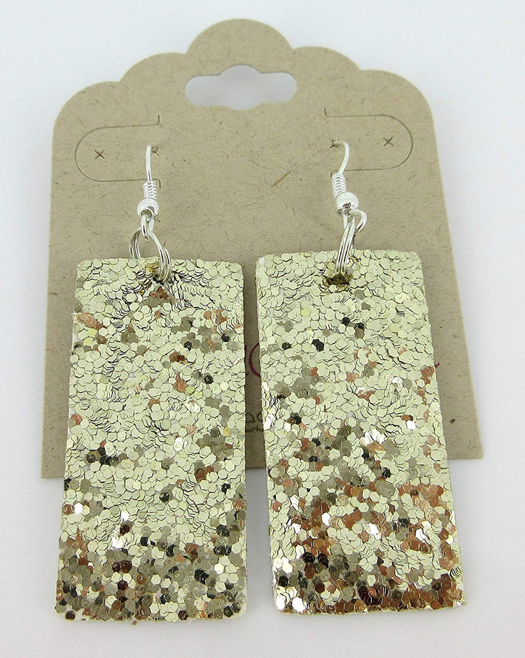 Gold Glitter Faux Leather Large Rectangle Dangle Earrings