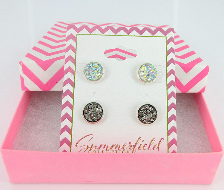 Duo Silver-tone Clear AB and Gunmetal Faux Druzy Stone Stud Earrings 8mm Set