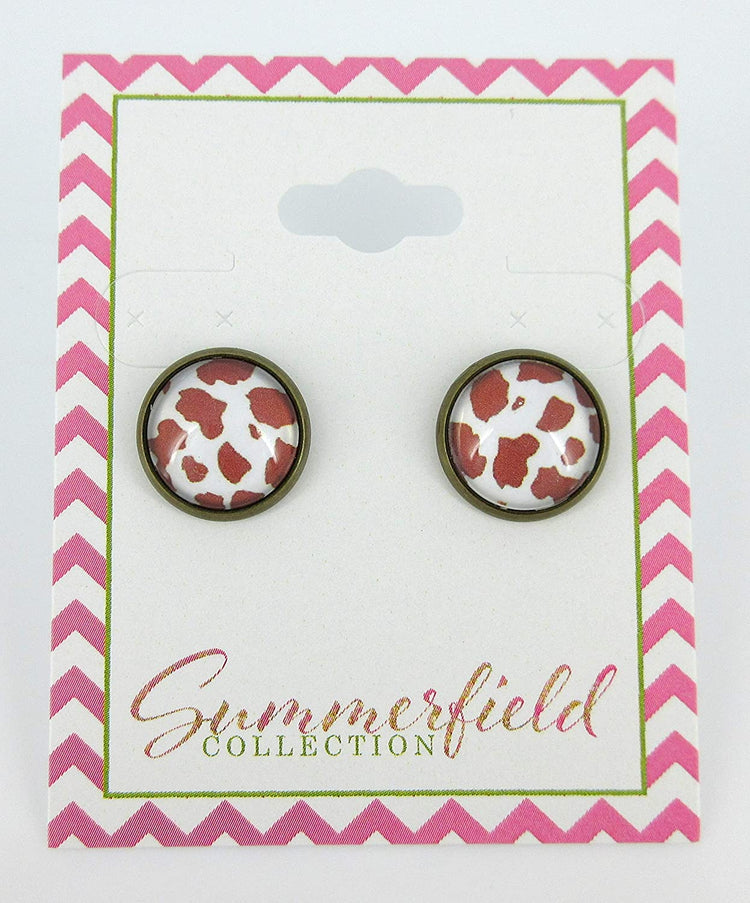 Antiqued Gold-tone Brown Cow Animal Print Glass Stud Earrings 12mm