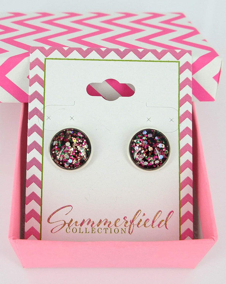 Silver-tone Preppy Mix Glitter Glass Stud Earrings Hand-painted 12mm