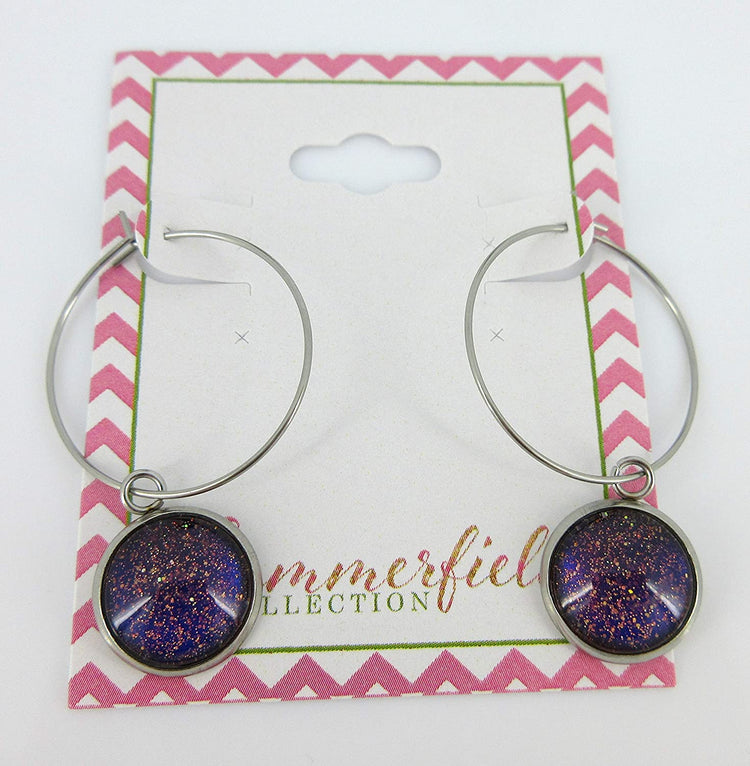 Stainless Steel Blue Red Purple and Gold Glitter Glass Charm Hoop Earrings Hand-painted 1"