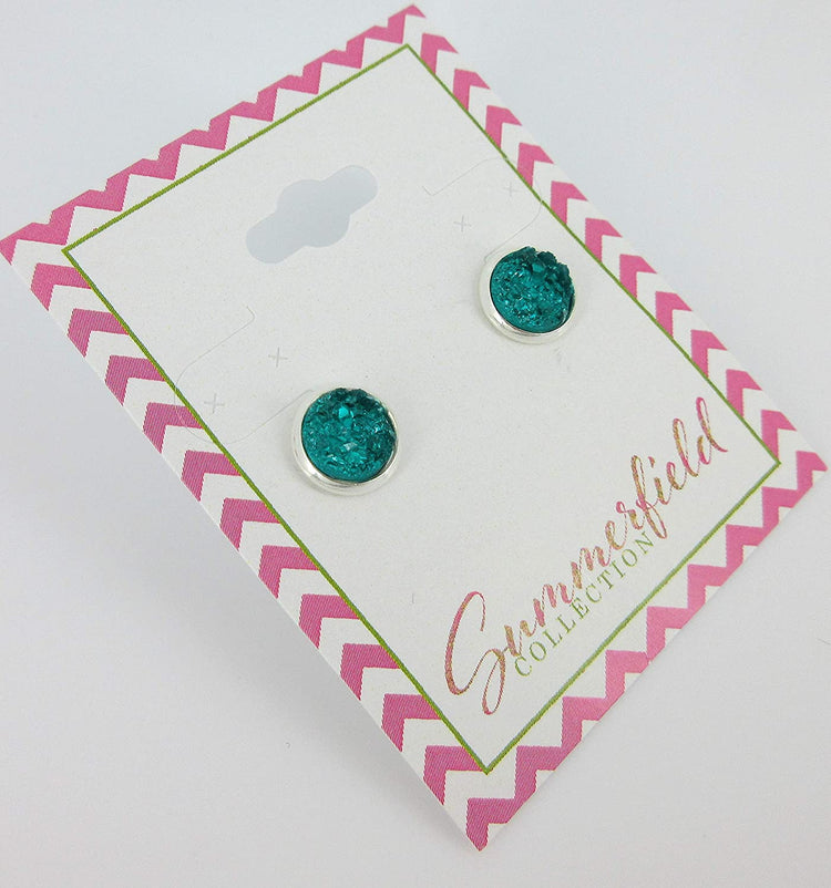 Silver-tone Carribean Blue Faux Druzy Stone Stud Earrings (8mm)