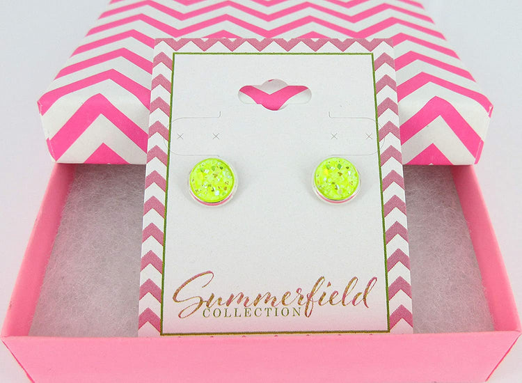 Silver-tone Neon Yellow AB Faux Druzy Stone Stud Earrings
