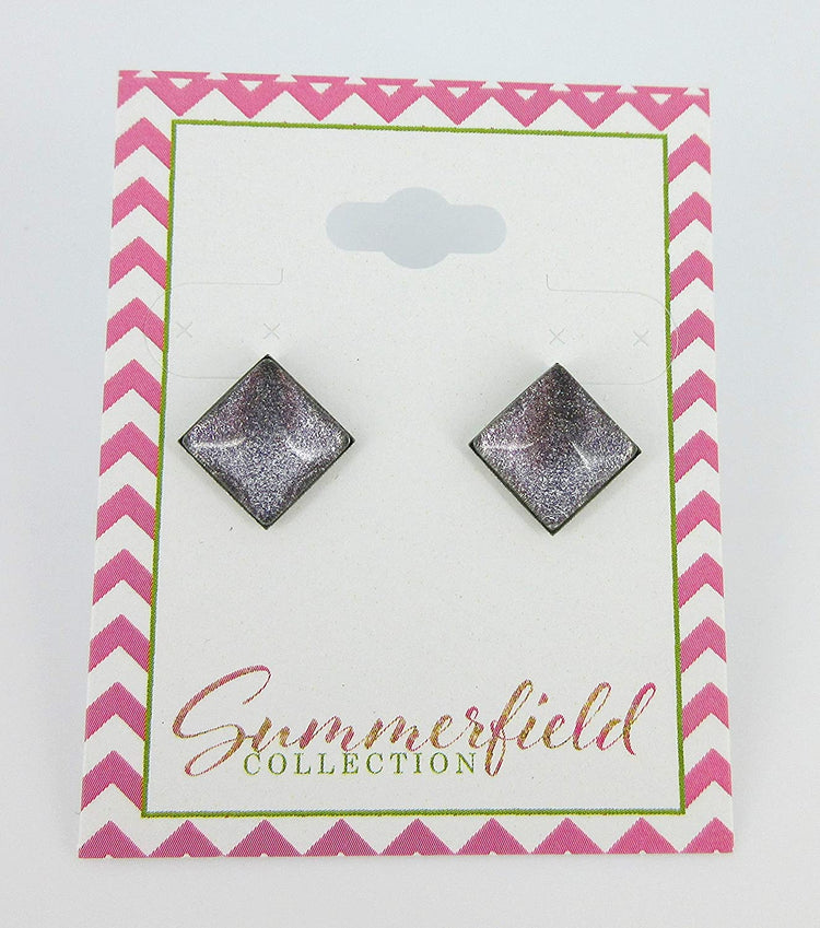 Stainless Steel Charcoal Gray Purple Green Glitter Glass Stud Earrings Hand-painted Square 10mm