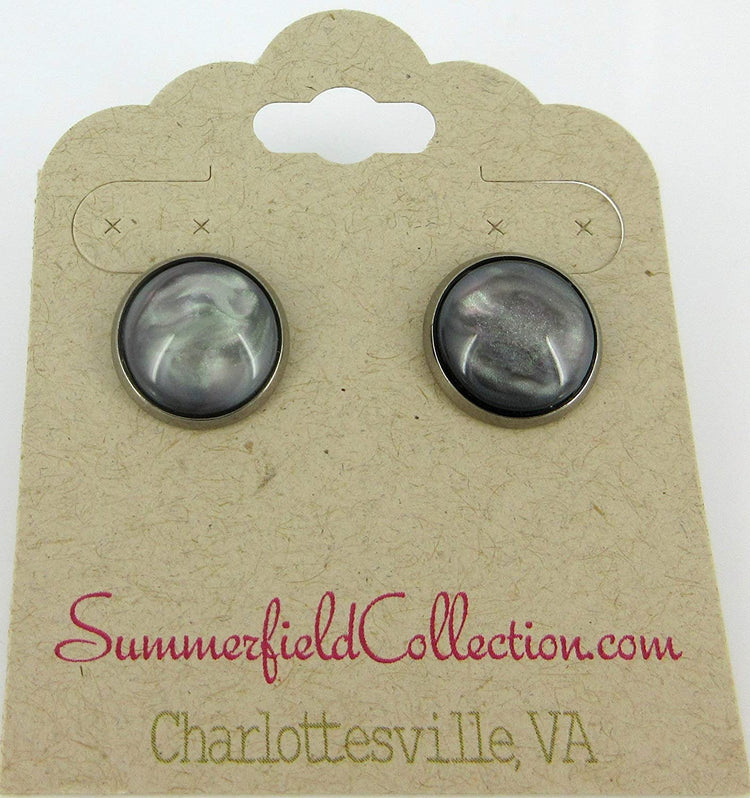 Hematite-tone Faux Stone Resin Stud Earrings 12mm Mystical Gray Pink