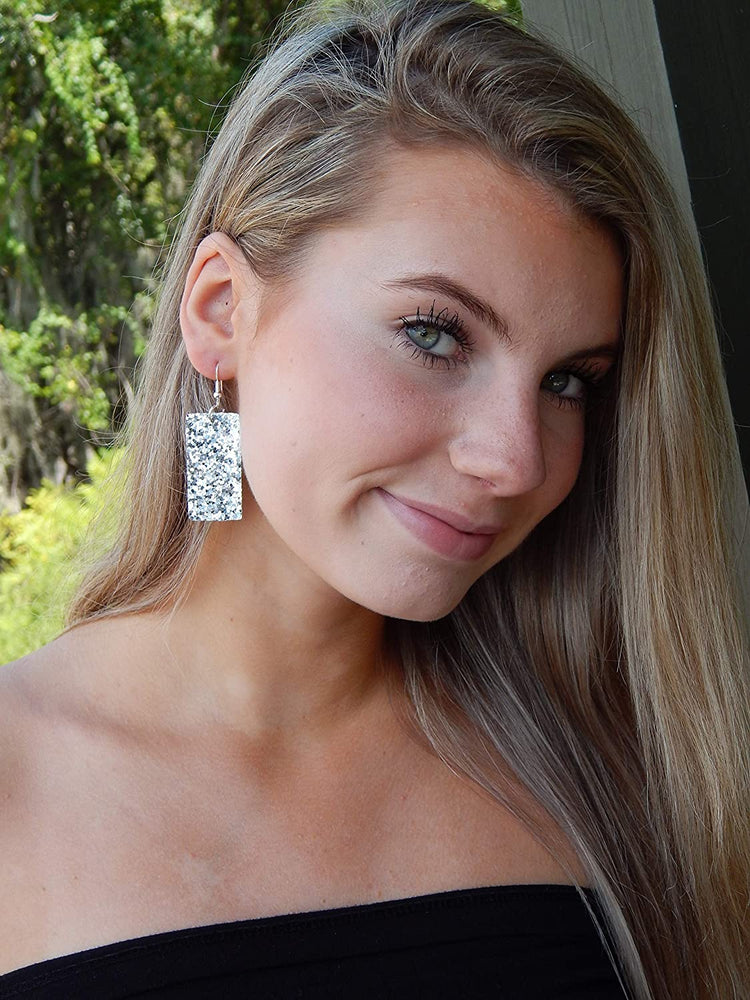 Silver Glitter Faux Leather Large Rectangle Dangle Earrings