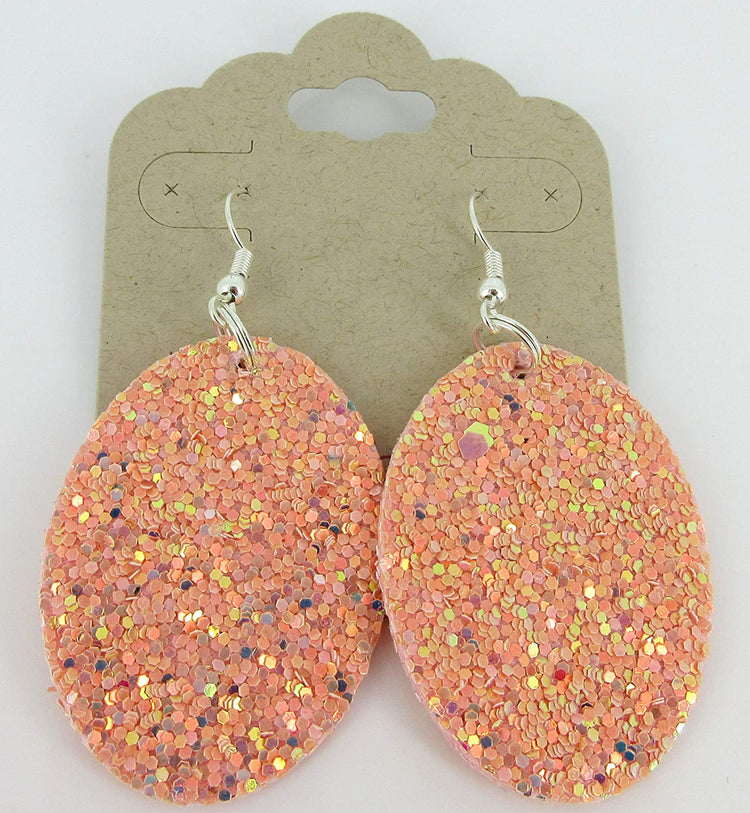 Silver-tone Glitter Faux Leather Oval Dangle Earrings (Peachy Pink)
