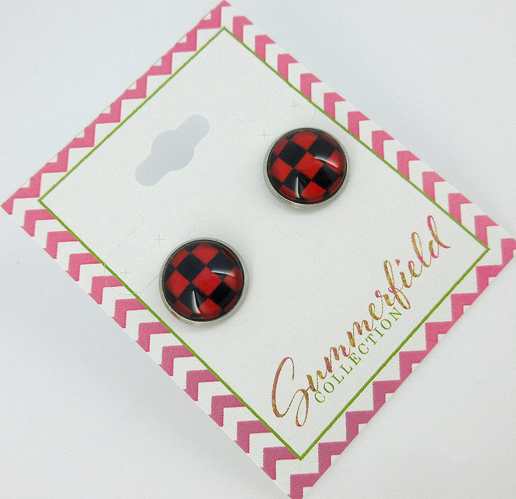 Stainless Steel Red and Black Checkerboard Print Glass Stud Earrings 12mm