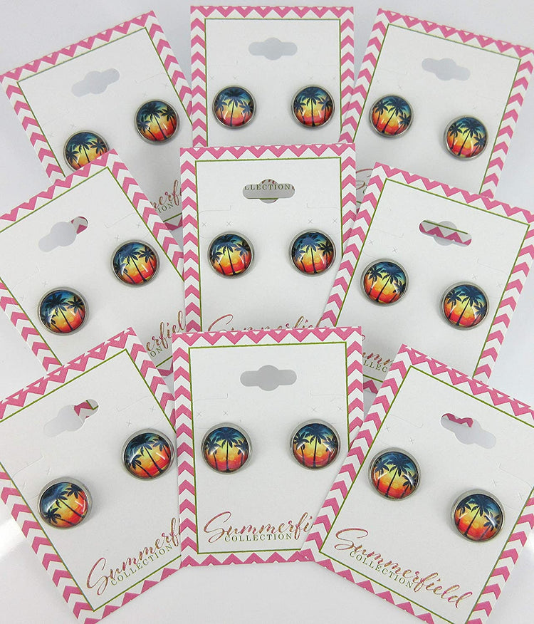 Stainless Steel Tropical Sunset Palm Tree Print Glass Stud Earrings 12mm