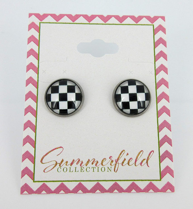 Hematite-tone Black and White Checkerboard Print Glass Stud Earrings 12mm