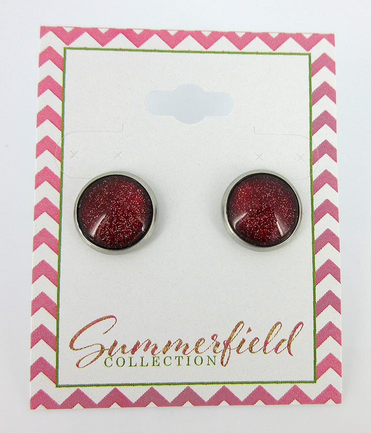 Stainless Steel Red with Gold Glitter Glass Stud Earrings Hand-painted 12mm