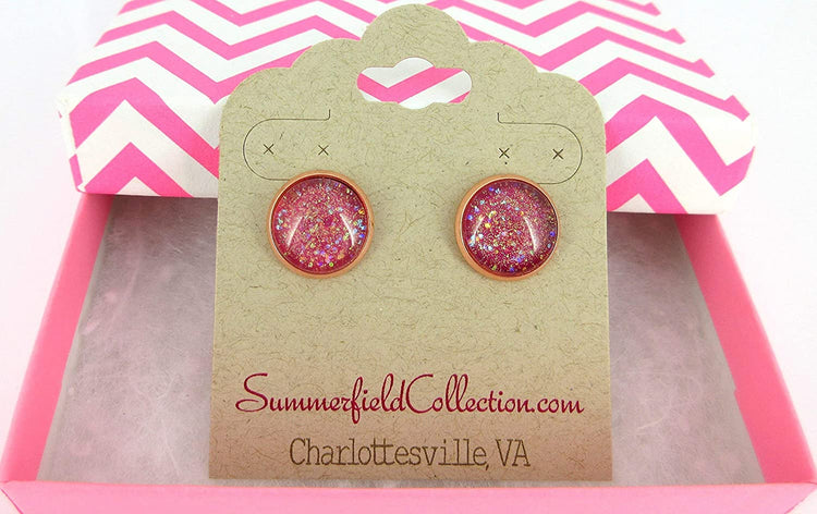 Rose Gold-tone Berry Iridescent Glitter Glass Galaxy Stud Earrings Hand-painted 12mm