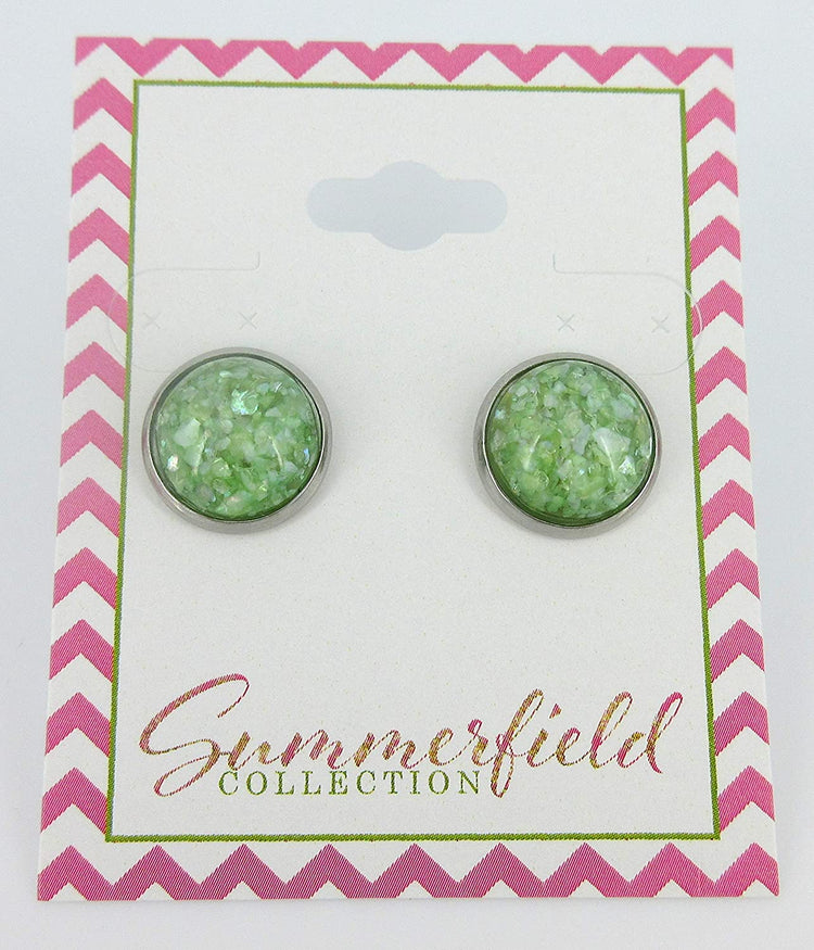 Stainless Steel Spring Green Faux Shell Stud Earrings 12mm