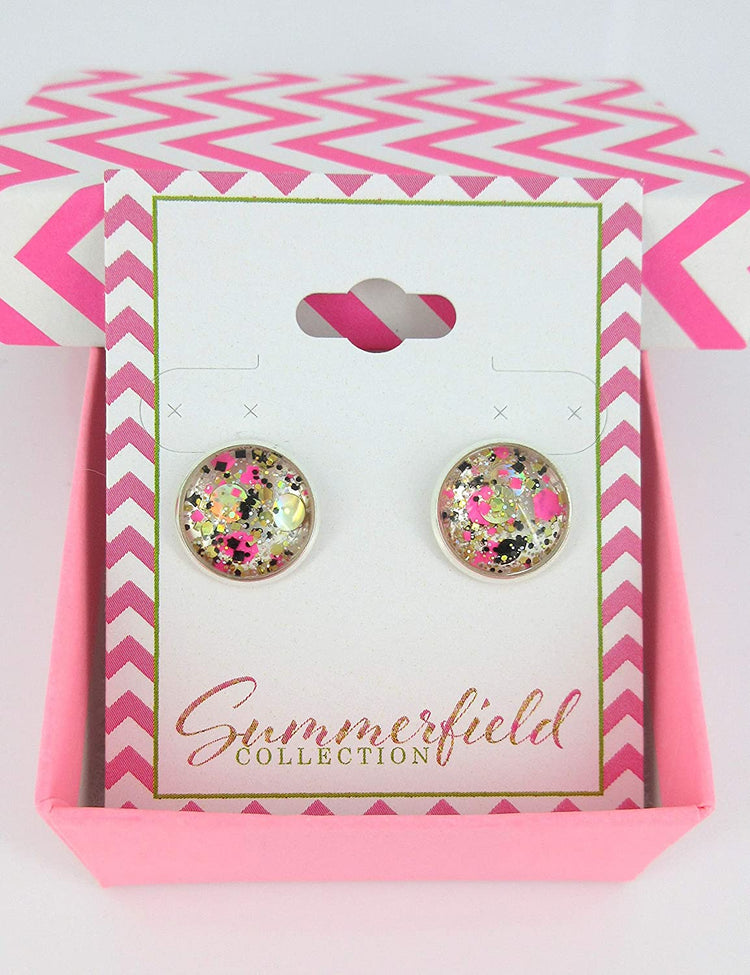 Silver-Tone Neon Pink Gold and Black Glitter Glass Stud Earrings 1/2" Round