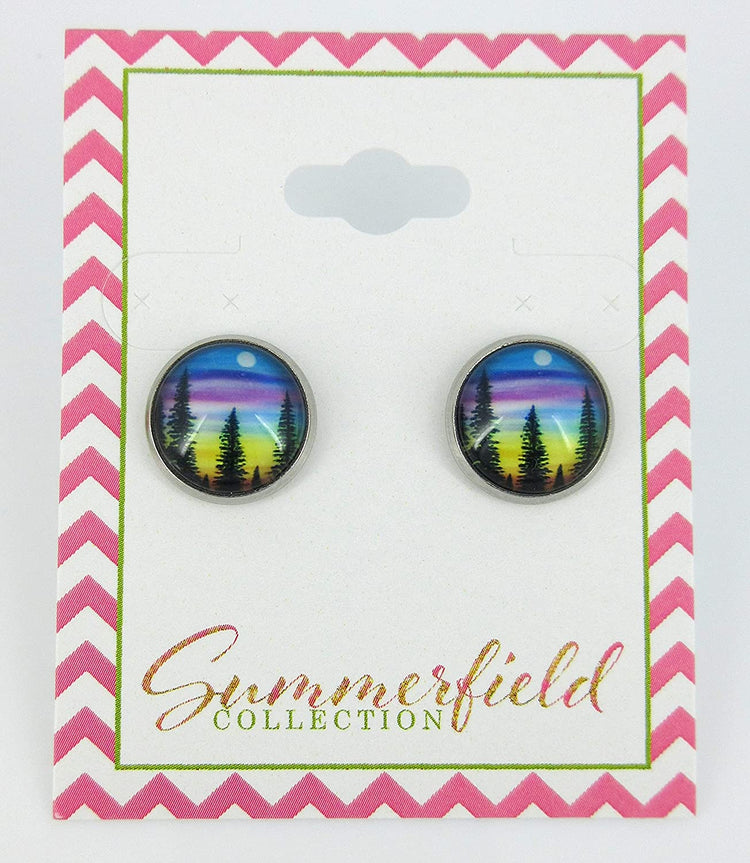 Stainless Steel Forest Rainbow Sunset Print Glass Stud Earrings 12mm