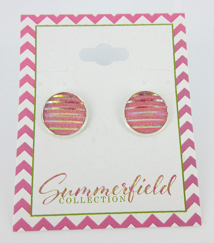Silver-tone Frosted Metallic Stripe Stud Earrings 12mm (Light Pink AB)