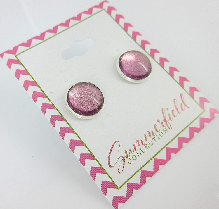 Silver-tone Metallic Mauve Glitter Glass Stud Earrings Hand-painted 12mm