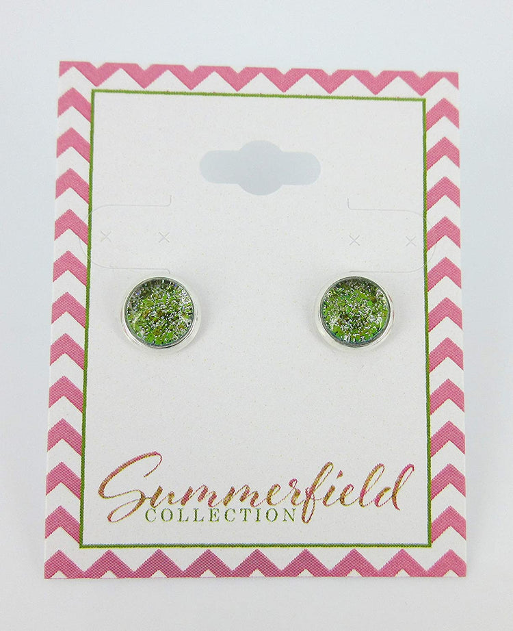 Silver-tone Green Glitter Glass Stud Earrings Hand-painted 8mm