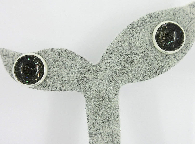 Silver-tone Black Galaxy Glitter Glass Stud Earrings Hand-painted 10mm