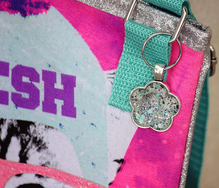 Antiqued Silver-tone Mint Green Glitter Glass Flower Keychain Hand-painted