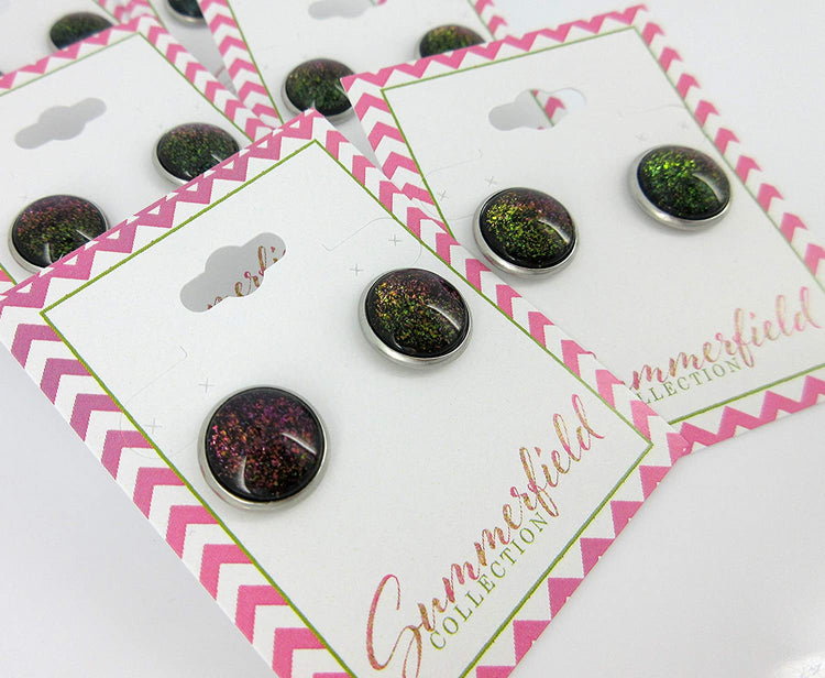 Stainless Steel Black Rainbow Duochrome Glitter Glass Galaxy Stud Earrings 1/2" Round
