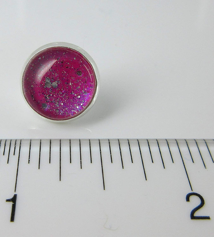 Silver-tone Magenta Pink Twinkle Glitter Glass Galaxy Stud Earrings Hand-painted 12mm