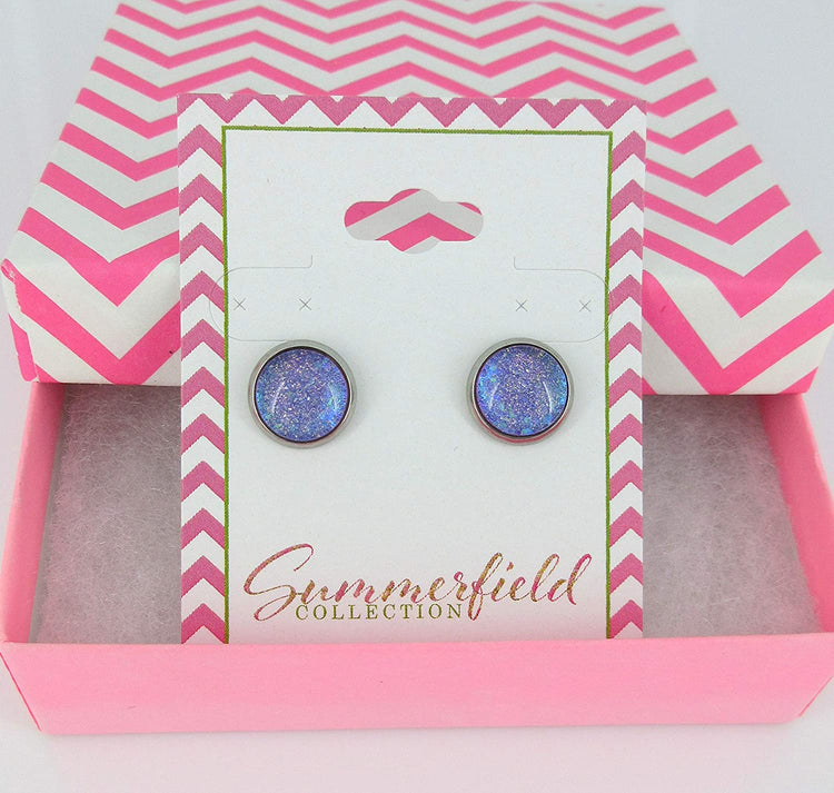 Stainless Steel Blue Purple Glitter Glass Stud Earrings Hand-painted 10mm